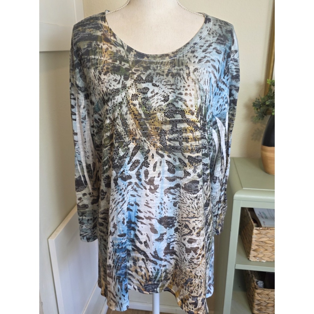 Jess And Jane Top Womens XL Blue And Brown Abstract 3/4 Sleeve
